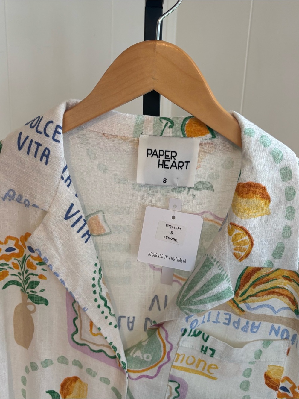 Paper Heart Lemone Linen Blend Button Up Shirt Italian Lemon Print Womens S NWT